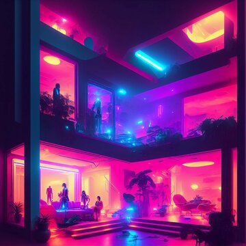 concept art party in modern house at sci-fi neon city , generative art by A.I.
