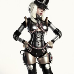 Fototapeta premium Portrait of a bautiful female cyborg robot with hands on hips. Isolated on a white background. Generative AI art painting sci-fi illustration. 