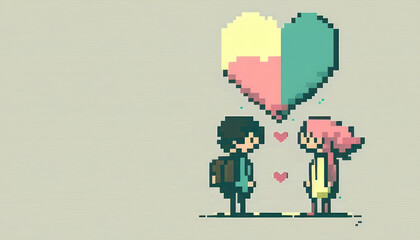 Pixel art of heart and couple with pastel color background. Love and valentine day concept. Generative AI