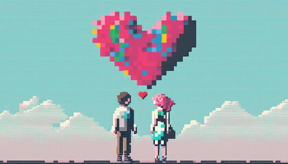 Pixel art of heart and couple with pastel color background. Love and valentine day concept. Generative AI