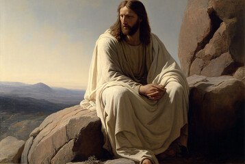 picture of Jesus Christ sitting on a rock, generative AI - obrazy, fototapety, plakaty