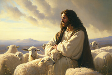picture of Jesus Christ surrounded by his sheep, generative AI
