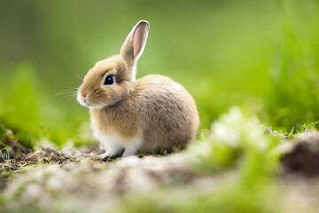 Naklejka na ściany i meble cute little bunny is sitting on a colorful meadow, generative AI