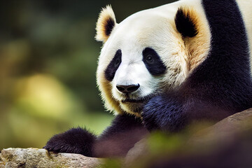 Fototapeta premium black and white panda on the background of green bamboo leaves, generative AI