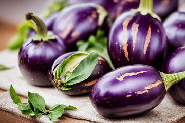 fresh healthy eggplants lie on the table, generative AI