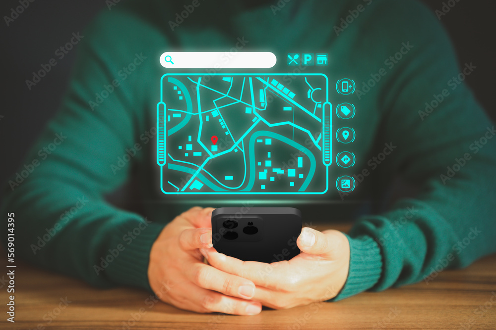 Aufkleber Man searching for shop and restaurant information in city map from the smartphone. Concept of SEO search networking, Searching browsing internet data information and technology from mobile phone.