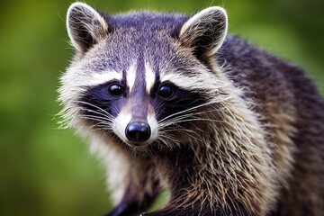 Naklejka premium raccoon on the background of green nature, generative AI