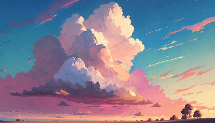 Coloful twilling sunset sky with cloudscape drawing background. Environment and nature concept. Generative AI