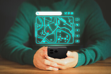 Man searching for shop and restaurant information in city map from the smartphone. Concept of SEO search networking, Searching browsing internet data information and technology from mobile phone.