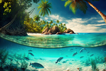 Fototapeta na wymiar Tropical beach paradise with crystal clear water, sea, beach, island, water, ocean, tropical, sky, sand, travel, landscape, vacation, summer, nature, paradise, coast, holiday, palm, lagoon, tree,