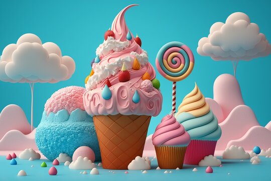 Fantasy Colorful Candyland with Cupcake, Candies, Ice Cream