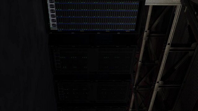 Red alarm light in server room during cyber attack, digital render in vertical