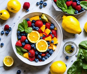 fresh fruits and berries on a dark background. top view. free space for your text.