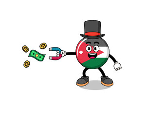 Character Illustration of jordan flag catching money with a magnet