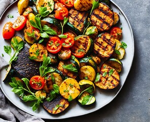 grilled vegetables with herbs and spices on a white plate. top view.