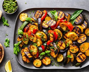 grilled vegetables with herbs and spices on a white plate. top view.