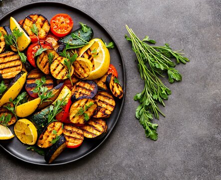 grilled vegetables with herbs and spices on a white plate. top view.