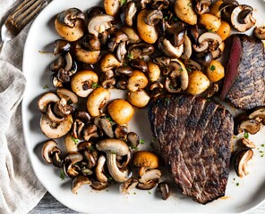 grilled beef steak with vegetables and spices on a plate on a white background. top view.
