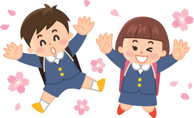ジャンプする小学生と桜　入学式