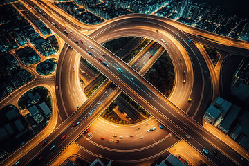 Expressway top view, Road traffic an important infrastructure, car traffic transportation above intersection road in city night, aerial view cityscape of advanced innovation, financial technology, 