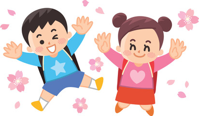 ジャンプする小学生と桜　入学式