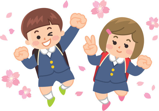 ジャンプする小学生と桜　入学式