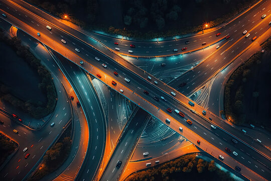 Expressway top view, Road traffic an important infrastructure, car traffic transportation above intersection road in city night, aerial view cityscape of advanced innovation, financial technology, © Saulo Collado
