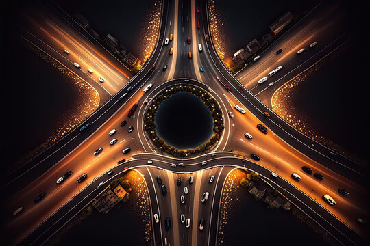 Expressway top view, Road traffic an important infrastructure, car traffic transportation above intersection road in city night, aerial view cityscape of advanced innovation, financial technology, 