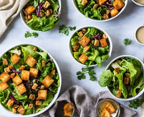 salad with cruton, fresh vegetables and feta cheese on white plate on a light background. top view.