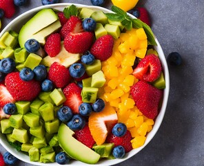 fresh fruits and berries on a dark background. top view. free space for your text.
