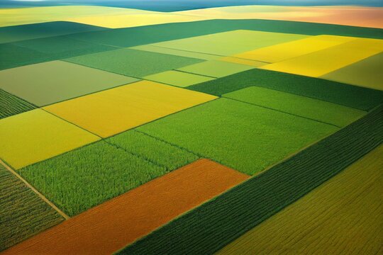 Aerial drone image of fields with diverse crop growth based on principle of polyculture and permaculture - a healthy farming method of ecosystem. Generative AI