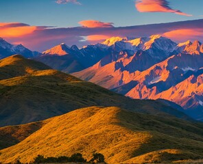 Naklejka na ściany i meble beautiful sunrise on mountain valley, beautiful sunset in the mountains