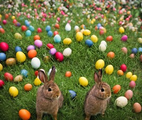 easter rabbits with basket and flowers on grass, closeup