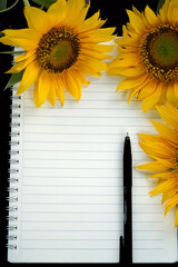 Notebook with pen and sunflowers. Blank page of spiral notebook with yellow flowers decoration background. Portrait or vertical composition. Copy space.