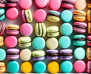 different colored macarons with a white and yellow macaroon with mint in the background. top view.