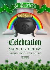 saint patrick's day background with pot and rainbow. st. patrick's day poster with cauldron and irish flag	