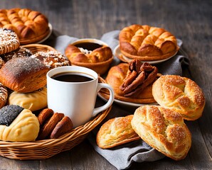 freshly baked buns with sesame seeds and cinnamon on a wooden background. top view.