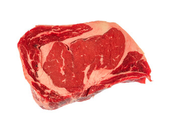 closeup raw rib eye steak isolated on white background