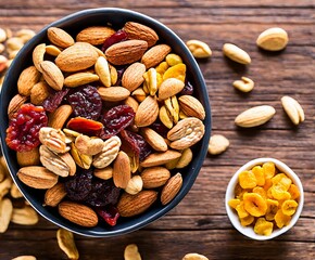 mix of nuts and dried fruits on wooden background