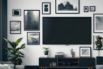 Comfortable Modern Living Room with Wall-Mounted LCD TV and Decorative Potted Plants, generative ai