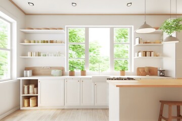 bright and airy kitchen with open shelving and a large window (AI Generated)