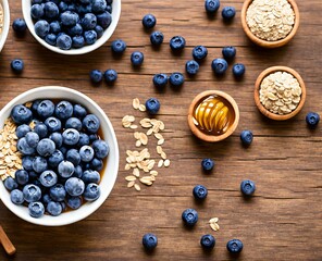 healthy breakfast concept. delicious blueberries and oatmeal with fresh berries and nuts on blue wooden background