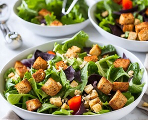salad with cruton, fresh vegetables and feta cheese on white plate on a light background. top view.