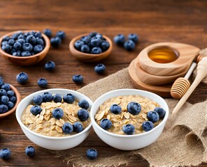 healthy breakfast concept. delicious blueberries and oatmeal with fresh berries and nuts on blue wooden background