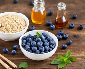 healthy breakfast concept. delicious blueberries and oatmeal with fresh berries and nuts on blue wooden background
