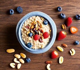 healthy breakfast concept. delicious blueberries and oatmeal with fresh berries and nuts on blue wooden background