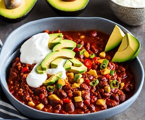 bowl with delicious chicken and chili con carne. on dark rustic wooden background.