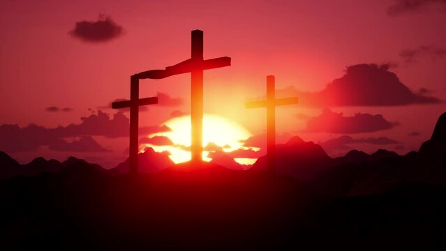 Religious sacrifice crosses on mountain hill, easter holiday concept for holy resurrection of jesus christ. Sacred crucifix symbolic place at sunset, worshiping god. 3d render animation.