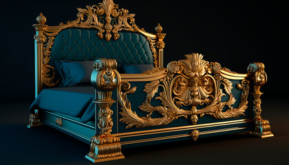 Luxury imperial bed with golden decoration created with Generative Ai technology