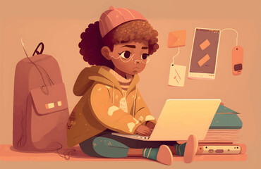 cute girl character studying on laptop, vector illustration with vector minimalist design.